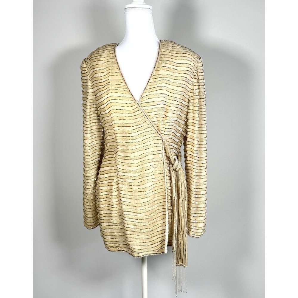 Vintage Adrianna Papell‎ Evening Silk Beaded Wrap Blouse Beige Small Minimalist